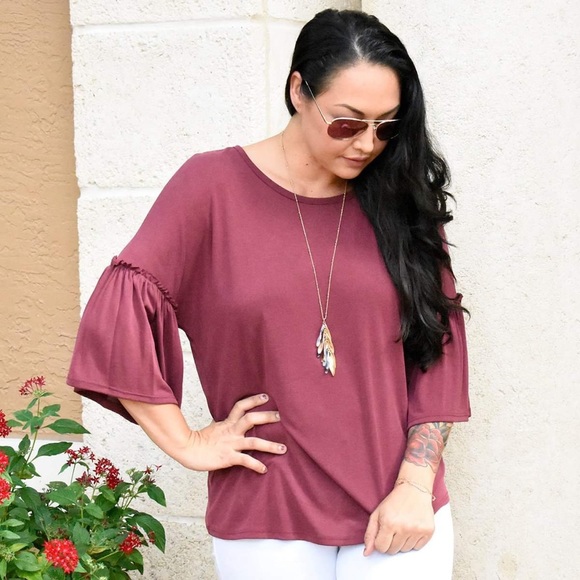 The House Of Gentry Tops - Soft Wine Bell Sleeve Basic Tee